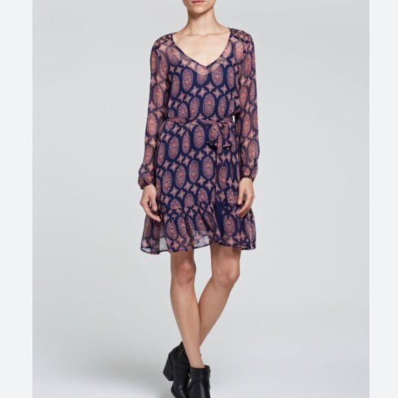 Ella Moss Silk Midi Dress XS Navy Pink Print Belted Ruffle Holiday Boho Chic - Picture 1 of 12